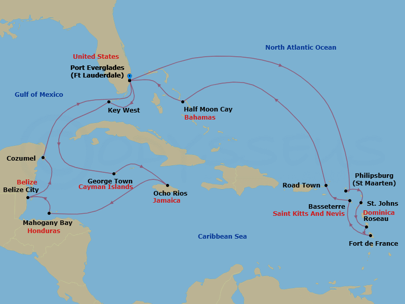 21 Night - Eastern & Western Caribbean : Leeward Islands & Mexico - Rotterdam - Starting in Fort Lauderdale, Florida, Philipsburg, Sint Maarten, St Johns AG, Antigua, Roseau, Dominica, Fort-De-France, Martinique, Basseterre, St Kitts and Nevis, Road Town (Tortola), British Virgin Islands, RelaxAway, Half Moon Cay, Bahamas, Fort Lauderdale, Florida, Key West, Florida, Georgetown, Cayman Islands, Ocho Rios, Jamaica, Mahogany Bay, Roatan, Honduras, Belize City, Belize, Cozumel, Mexico, Fort Lauderdale, Florida itinerary map