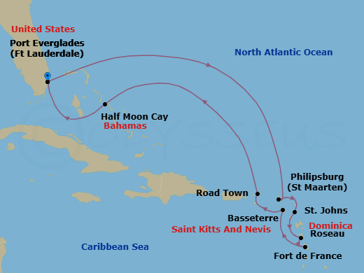 11 Night - Eastern Caribbean : Windward & Leeward Islands - Rotterdam - Starting in Fort Lauderdale, Florida, Philipsburg, Sint Maarten, St Johns AG, Antigua, Roseau, Dominica, Fort-De-France, Martinique, Basseterre, St Kitts and Nevis, Road Town (Tortola), British Virgin Islands, RelaxAway, Half Moon Cay, Bahamas, Fort Lauderdale, Florida itinerary map