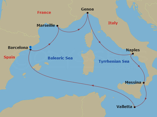 7 Night - Mediterranean - MSC World Asia - Starting in Barcelona, Spain, Marseille (Provence), France, Genoa (Portofino), Italy, Naples (Pompeii), Italy, Messina (Taormina), Italy, La Valletta, Malta, Barcelona, Spain itinerary map