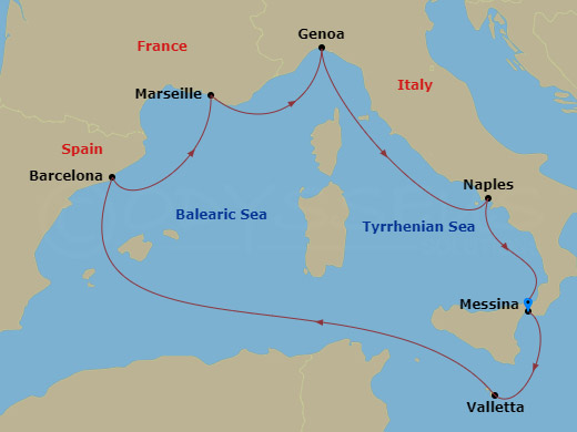 7 Night - Mediterranean - MSC World Asia - Starting in Messina (Taormina), Italy, La Valletta, Malta, Barcelona, Spain, Marseille (Provence), France, Genoa (Portofino), Italy, Naples (Pompeii), Italy, Messina (Taormina), Italy itinerary map