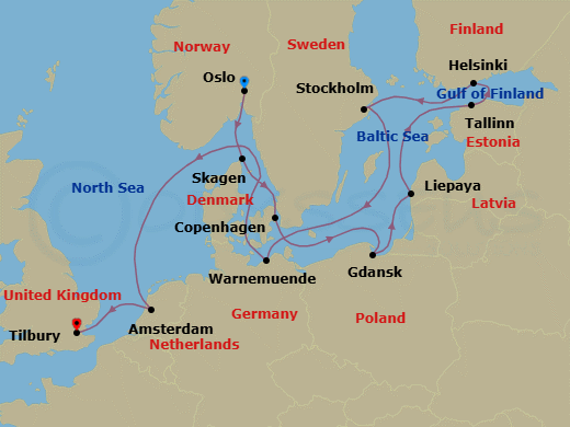 13 Night - Northern Europe Explorer - Oceania Insignia - Starting in Oslo, Skagen, Copenhagen, Gdansk, Liepaja, Tallinn, Helsinki, Stockholm, Berlin (Warnemunde), Kiel Canal Transit, Amsterdam, London (Tilbury) itinerary map