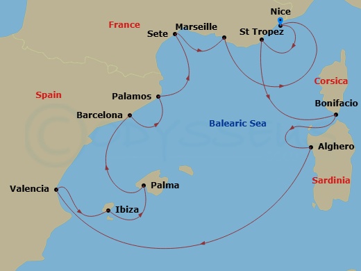 12 Night - Nice to Nice - Silver Shadow - Starting in Nice, Saint Tropez, Bonifacio (Corsica), Alghero, Sardinia, Valencia, Ibiza, Palma De Mallorca, Barcelona, Palamos, Sete, Marseille, Nice itinerary map
