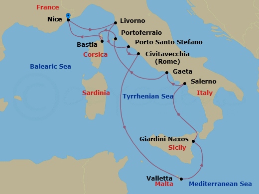 12 Night - Nice to Nice - Silver Shadow - Starting in Nice, Livorno (Tuscany), Porto Santo Stefano, Civitavecchia (Rome), Valletta, Giardini Naxos (Sicily), Salerno, Gaeta, Portoferraio (Elba), Bastia, Corsica, Nice itinerary map