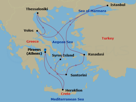 11 Night - Athens to Athens - Silver Nova - Starting in Athens (Piraeus), Santorini, Kusadasi, Istanbul, Volos, Thessaloniki, Syros, Heraklion, Athens (Piraeus) itinerary map