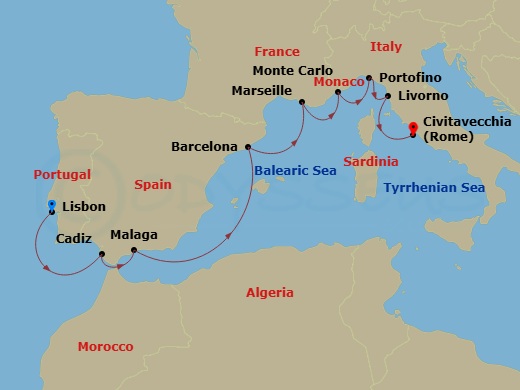 10 Night - Lisbon to Civitavecchia - Silver Nova - Starting in Lisbon, Cadiz, Malaga (Costa del Sol), Barcelona, Marseille, Monte Carlo, Portofino, Livorno (Tuscany), Civitavecchia (Rome) itinerary map