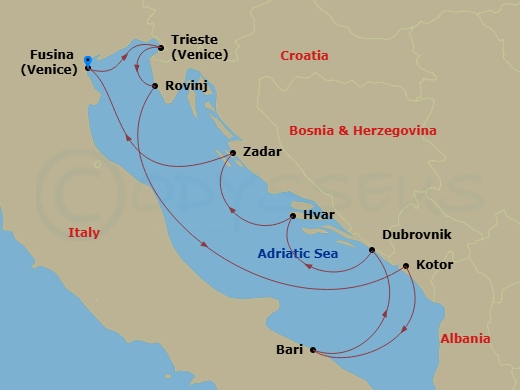9 Night - Fusina to Fusina - Silver Muse - Starting in Fusina (Venice), Trieste, Rovinj, Kotor, Bari, Dubrovnik, Croatia, Hvar, Zadar, Fusina (Venice) itinerary map