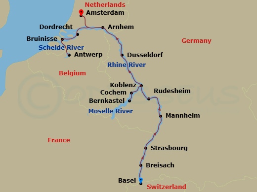 14 Night - Romantic Rhine & Moselle - Scenic Ruby - Starting in Basel (Huningue), Breisach, Strasbourg, Mannheim, Rudesheim, Cochem, Bernkastel, Cruising Day, Koblenz, Dusseldorf, Arnhem, Antwerp, Bruinisse, Dordrecht, Amsterdam itinerary map