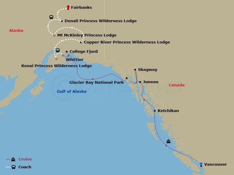 15 Night - Off the Beaten Path - Tour Qa8 - Island Princess Tours - Starting in Vancouver, Canada, Ketchikan, Alaska, Juneau, Alaska, Skagway, Alaska, Glacier Bay National Park (Scenic Cruising), Alaska, College Fjord (Scenic Cruising), Alaska, Anchorage (Whittier), Alaska, Kenai Princess Wilderness Lodge, Copper River Princess Wilderness Lodge, Mount Mckinley Princess Wilderness Lodge, Denali Princess Wilderness Lodge, Fairbanks itinerary map