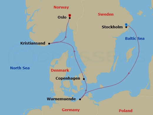 10 Night - Storied Scandinavia - Seven Seas Grandeur - Starting in Stockholm, Cruising the Baltic Sea, Berlin (Warnemunde), Copenhagen, Kristiansand, Oslo itinerary map
