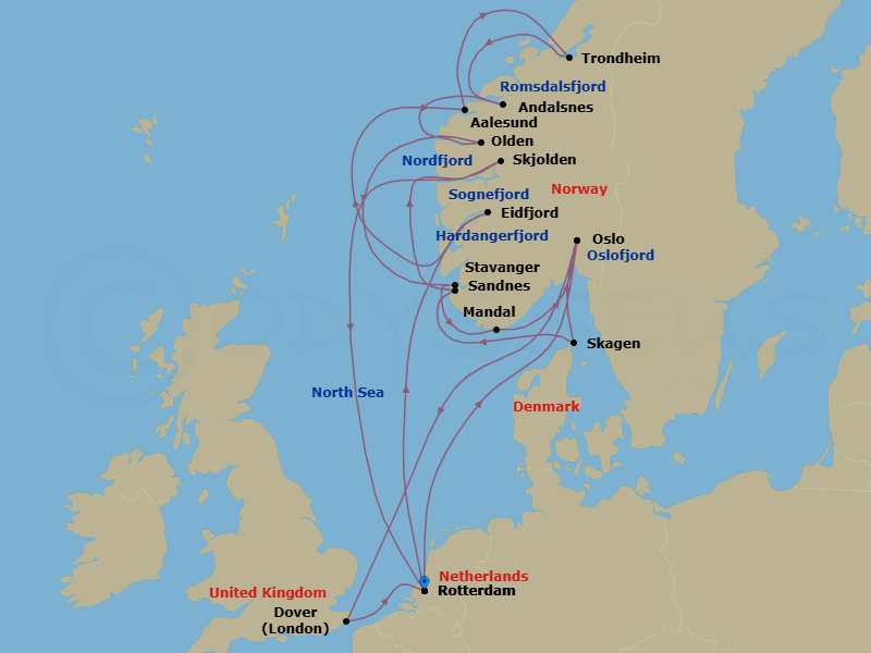 21 Night - Fjords of Norway Collectors' Voyage - Nieuw Statendam - Starting in Rotterdam, the Netherlands, Scenic cruising Oslofjord, Oslo, Norway, Skagen, Denmark, Sandnes (Stavanger), Norway, Scenic cruising Sognefjord, Skjolden, Norway, Rotterdam, the Netherlands, Eidfjord, Norway, Scenic cruising Hardangerfjord, Alesund, Norway, Trondheim, Norway, Andalsnes, Norway, Scenic cruising Romsdalsfjord, Olden, Norway, Scenic Cruising Nordfjord, Stavanger, Norway, Mandal (Kristiansand), Norway, Oslo, Norway, Scenic cruising Oslofjord, Dover UK (London), England, Rotterdam, the Netherlands itinerary map
