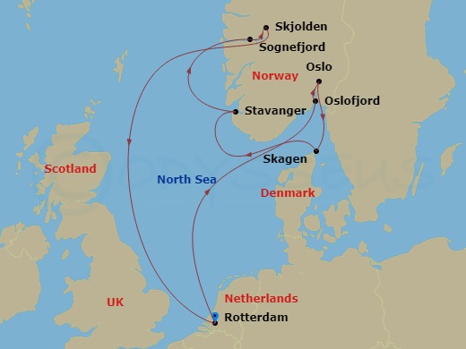 7 Night - Norwegian Fjords & South Scandinavia - Nieuw Statendam - Starting in Rotterdam, the Netherlands, Scenic cruising Oslofjord, Oslo, Norway, Skagen, Denmark, Sandnes (Stavanger), Norway, Scenic cruising Sognefjord, Skjolden, Norway, Rotterdam, the Netherlands itinerary map