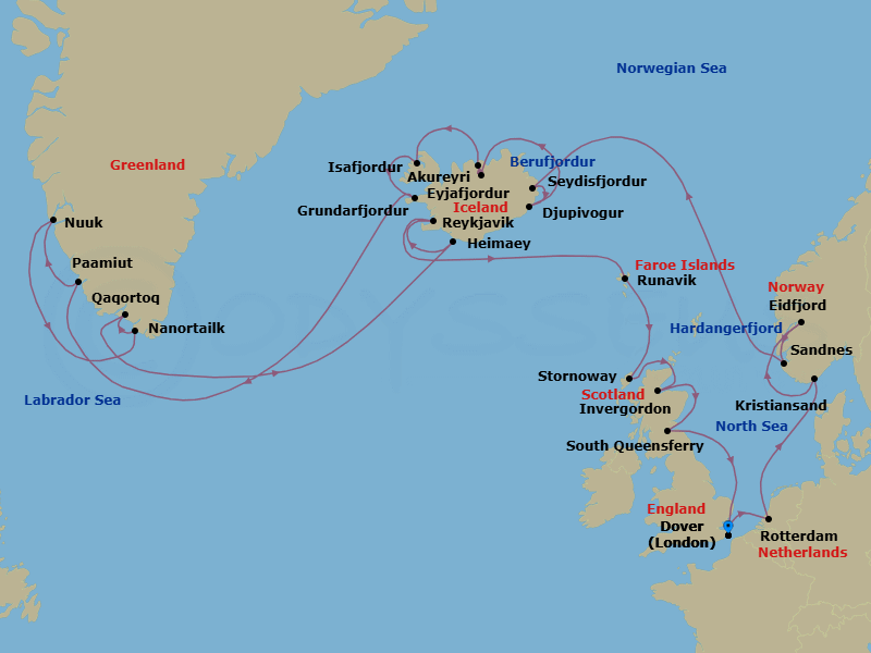 28 Night - Legendary Solar Eclipse with Greenland & Scotland - Nieuw Statendam - Starting in Dover UK (London), England, Rotterdam, the Netherlands, Kristiansand, Norway, Eidfjord, Norway, Scenic cruising Hardangerfjord, Sandnes (Stavanger), Norway, Seydisfjordur, Iceland, Scenic cruising Seydisfjordur, Djupivogur, Iceland, Scenic cruising Berufjordur, Akureyri, Iceland, Scenic cruising Eyjafjordur, Isafjordur, Iceland, Scenic Cruising Isafjardurdjur, Grundarfjordur, Iceland, Paamiut (Frederikshab), Greenland, Nuuk (Godthab), Greenland, Nanortalik, Greenland, Qaqortoq, Greenland, Heimaey, Westman Islands, Iceland, Reykjavik, Iceland, Runavik, Faroe Islands, Stornoway, Isle of Lewis, Scotland, United Kingdom, Invergordon (Inverness), Scotland, United Kingdom, South Queensferry (Edinburgh), Scotland, United Kingdom, Dover UK (London), England itinerary map
