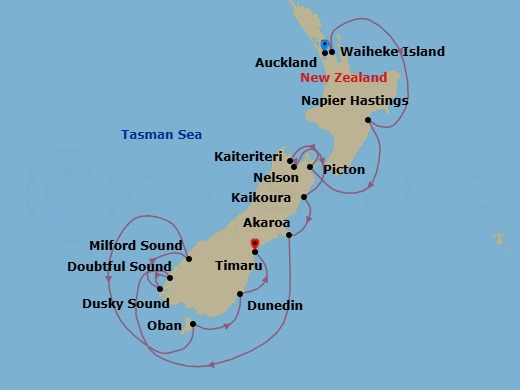 13 Night - Splendours of New Zealand : Auckland to Christchurch - Scenic Eclipse II - Starting in Auckland, New Zealand, Waiheke Island, New Zealand, Napier, New Zealand, Picton, New Zealand, Kaiteriteri / Nelson, New Zealand, Kaikoura, New Zealand, Akaroa, New Zealand, Cruising Doubtful Sound / Cruising Dusky Sound, New Zealand, Cruising Milford Sound, New Zealand, Oban NZ, Stewart Island, New Zealand, Port Chalmers (Dunedin), New Zealand, Timaru (Christchurch), New Zealand itinerary map