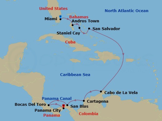 11 Night - Voyage of the Tropics : Bahamas, Caribbean & Panama Canal - Scenic Eclipse - Starting in Miami, Florida, Andros Island, Bahamas, Staniel Cay, Bahamas, San Salvador Island, Cockburn, Bahamas, Cabo de la Vela, La Guajira, Colombia, Cartagena CO, San Blas Islands, Lemon Cay, Panama, Bocas Del Toro, Panama, Panama Canal Transit / Panama City, Panama, Panama City, Panama itinerary map