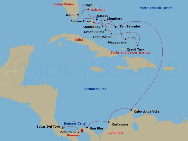 20 Night - Ultimate Voyage : Caribbean Islands & the Panama Canal - Scenic Eclipse - Starting in Nassau, Bahamas, Staniel Cay, Bahamas, Exuma Island, Bahamas, Long Island, Bahamas, Grand Turk, Turks and Caicos Islands, Mayaguana, Bahamas, San Salvador Island, Bahamas, Eleuthera Island, Bahamas, Grand Bahama Island (Lucaya, Bell Channel Bay), Bahamas, Miami, Florida, Andros Island, Bahamas, Staniel Cay, Bahamas, San Salvador Island, Cockburn, Bahamas, Cabo de la Vela, La Guajira, Colombia, Cartagena CO, San Blas Islands, Lemon Cay, Panama, Bocas Del Toro, Panama, Panama Canal Transit / Panama City, Panama, Panama City, Panama itinerary map