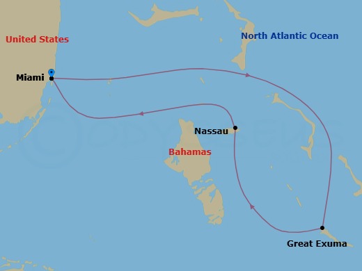 4 Night - Miami, Florida / Miami, Florida - Ilma - Starting in Miami, Florida, Marina Day, Great Exuma, Nassau, Miami, Florida itinerary map