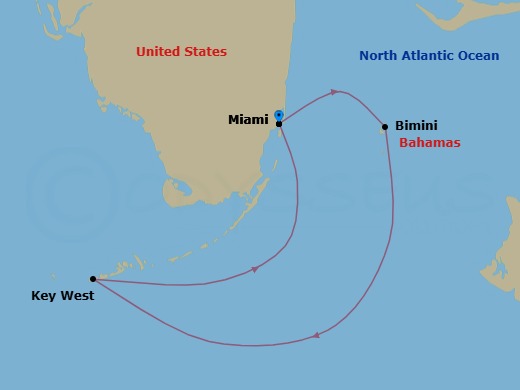 4 Night - Miami, Florida / Miami, Florida - Ilma - Starting in Miami, Florida, Marina Day, Bimini, Key West, Florida, Miami, Florida itinerary map