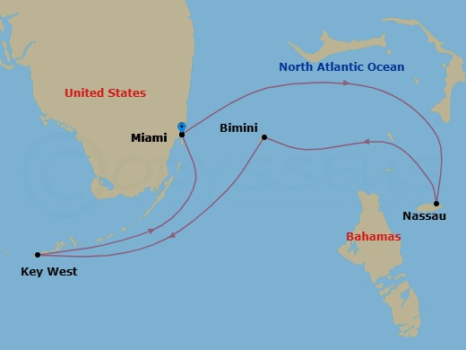 5 Night - Miami, Florida / Miami, Florida - Ilma - Starting in Miami, Florida, Marina Day, Nassau, Bimini, Key West, Florida, Miami, Florida itinerary map
