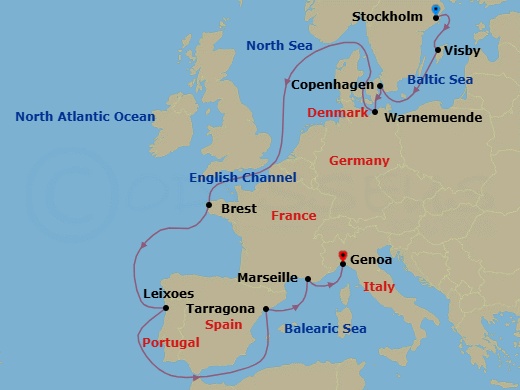 14 Night - Northern Europe - MSC Magnifica - Starting in Stockholm, Sweden, Visby, Sweden, Copenhagen, Denmark, Warnemunde (Berlin), Germany, Brest, France, Leixoes (Porto), Portugal, Tarragona, Spain, Marseille (Provence), France, Genoa (Portofino), Italy itinerary map