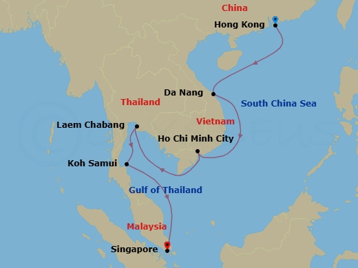 13 Night - Hong Kong, Vietnam & Thailand Cruise : Hong Kong, Ho Chi Minh City & Bangkok - Azamara Onward - Starting in Hong Kong, Hue (Da Nang), Ho Chi Minh City, Bangkok (Laem Chabang), Ko Samui, Singapore itinerary map