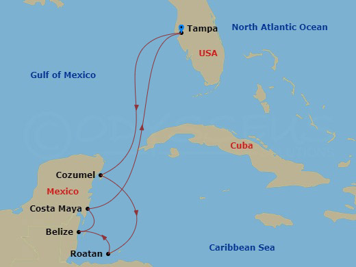 7 Night - Western Caribbean Cruise - Serenade of the Seas - Starting in Tampa, Florida, Cozumel, Mexico, Roatan, Honduras, Puerto Costa Maya, Mexico, Tampa, Florida itinerary map