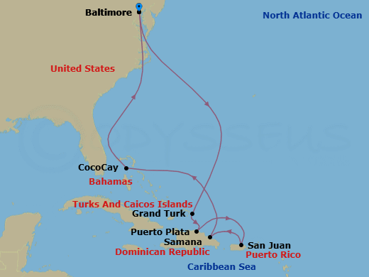 11 Night - Perfect Day Cococay & East Carib - Vision of the Seas - Starting in Baltimore, Maryland, Grand Turk, Turks and Caicos, Puerto Plata, Dominican Republic, San Juan, Puerto Rico, Samana, Dominican Republic, Perfect Day Cococay, Bahamas, Baltimore, Maryland itinerary map