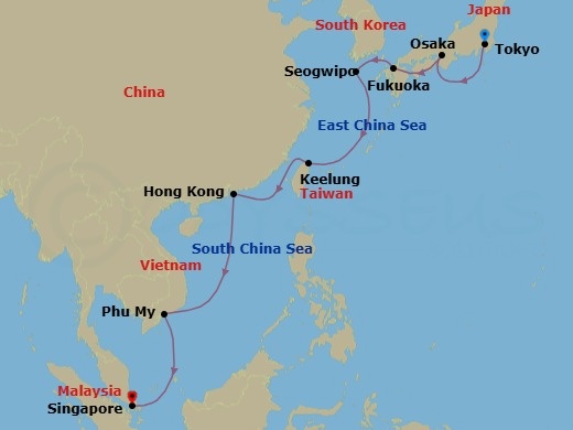 14 Night - Journeys - Asia - Carnival Luminosa - Starting in Tokyo, Japan, Osaka (Kyoto), Japan, Fukuoka (Hakata), Japan, Seogwipo (Jeju), South Korea, Keelung (Taipei), Taiwan, Hong Kong, Phu My (Ho Chi Minh), Vietnam, Singapore itinerary map