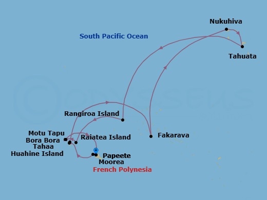14 Night - Papeete to Papeete - Silver Whisper - Starting in Papeete (Tahiti), Moorea Island, Raiatea, Motu Tahaa, Fakarava, Tuamotu Archipelago, Nuku Hiva, Marquesas Islands, Tahuata, Marquesas Islands, Rangiroa, Huahine, Bora Bora (Society Islands), Motu Tapu (Bora Bora), Bora Bora (Society Islands), Papeete (Tahiti) itinerary map