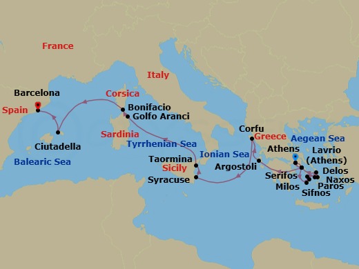 19 Night - Epic Mediterranean and Greek Isles Voyage - National Geographic Orion - Starting in Athens, Greece / Lavrio / Embark Ship, Milos, Sifnos, Serifos, Paros, Naxos, Delos / Tinos, Lavrio / Athens / Lavrio, Corinth Canal / Delphi, Cephalonia, Corfu, At Sea / Siracusa, Italy, Taormina, Sicily, At Sea / Aeolian Islands, Golfo Aranci, Sardinia, Bonifacio, Corsica, France / At Sea, Bonifacio / At Sea, Ciutadella de Menorca, Spain itinerary map