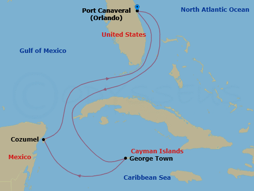 5 Night - Western Caribbean Holiday - Adventure of the Seas - Starting in Orlando (Port Canaveral), Fl, George Town, Grand Cayman, Cozumel, Mexico, Orlando (Port Canaveral), Fl itinerary map
