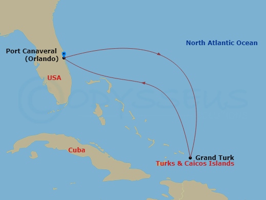 4 Night - Eastern Caribbean Getaway - Adventure of the Seas - Starting in Orlando (Port Canaveral), Fl, Grand Turk, Turks and Caicos, Orlando (Port Canaveral), Fl itinerary map