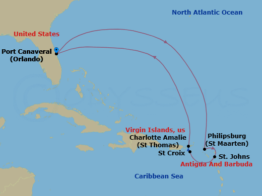 9 Night - Eastern Caribbean Cruise - Adventure of the Seas - Starting in Orlando (Port Canaveral), Fl, Philipsburg, St Maarten, St Johns AG, Antigua, St Croix, US Virgin Islands, Charlotte Amalie, St Thomas, Orlando (Port Canaveral), Fl itinerary map