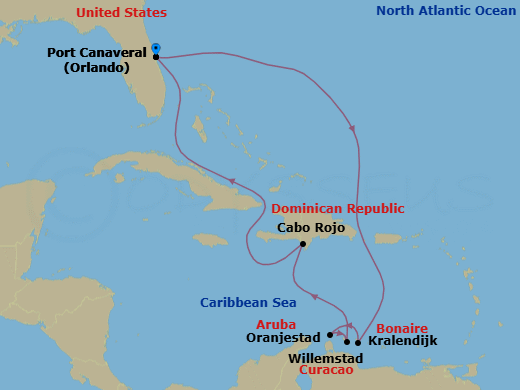 9 Night - Southern Caribbean Cruise - Adventure of the Seas - Starting in Orlando (Port Canaveral), Fl, Kralendijk, Bonaire, Oranjestad, Aruba, Willemstad AN, Curacao, Cabo Rojo, Dominican Republic, Orlando (Port Canaveral), Fl itinerary map