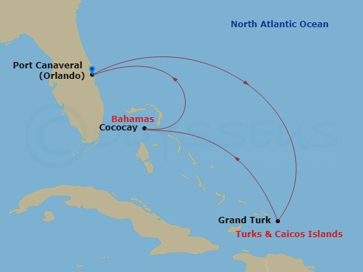 5 Night - Perfect Day Cococay & East Carib - Adventure of the Seas - Starting in Orlando (Port Canaveral), Fl, Grand Turk, Turks and Caicos, Perfect Day Cococay, Bahamas, Orlando (Port Canaveral), Fl itinerary map