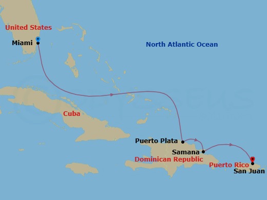 5 Night - Miami, Florida / San Juan - Ilma - Starting in Miami, Florida, Sandy Point (Marina Day), Puerto Plata, Dominican Republic, Samana, San Juan itinerary map