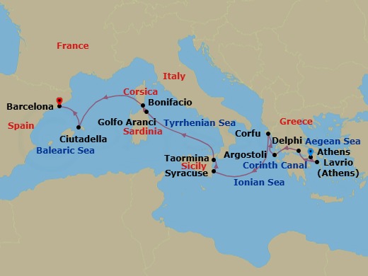 12 Night - Mediterranean Wonders : Sicily, Greece, Sardinia and Beyond - National Geographic Orion - Starting in Athens, Greece / Lavrio / Embark Ship, Corinth Canal / Delphi, Cephalonia, Corfu, At Sea / Siracusa, Italy, Taormina, Sicily, At Sea / Aeolian Islands, Golfo Aranci, Sardinia, Bonifacio, Corsica, France / At Sea, Ciutadella de Menorca, Spain, Barcelona / Disembark Ship itinerary map