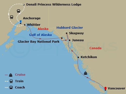 11 Night - Denali Explorer - Tour Fb4 - Crown Princess Tours - Starting in Anchorage, Denali Princess Wilderness Lodge, Anchorage (Whittier), Alaska, Hubbard Glacier (Scenic Cruising), Alaska, Glacier Bay National Park (Scenic Cruising), Alaska, Skagway, Alaska, Juneau, Alaska, Ketchikan, Alaska, Vancouver, Canada itinerary map