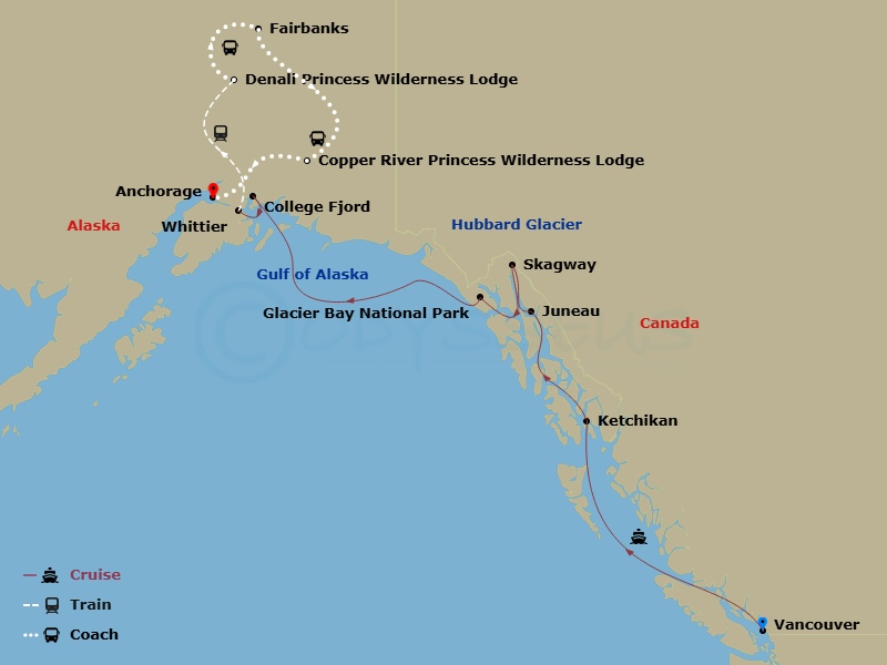 14 Night - Denali Explorer - Tour Oa7 - Crown Princess Tours - Starting in Vancouver, Canada, Ketchikan, Alaska, Juneau, Alaska, Skagway, Alaska, Glacier Bay National Park (Scenic Cruising), Alaska, College Fjord (Scenic Cruising), Alaska, Anchorage (Whittier), Alaska, Denali Princess Wilderness Lodge, Fairbanks, Copper River Princess Wilderness Lodge, Anchorage itinerary map