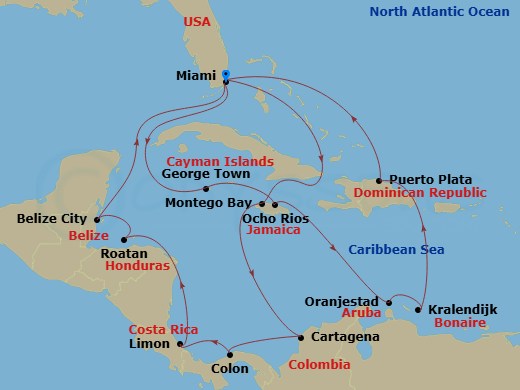 21 Night - Caribbean and Antilles - MSC Poesia - Starting in Miami, Florida, Montego Bay, Jamaica, Cartagena CO, Colon, Panama, Puerto Limon, Costa Rica, Roatan Island, Honduras, Belize City, Belize, Miami, Florida, George Town, Cayman Islands, Ocho Rios, Jamaica, Oranjestad, Aruba, Kralendijk, Bonaire, Puerto Plata, Dominican Republic, Miami, Florida itinerary map