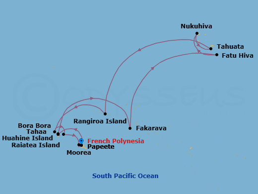 14 Night - Papeete to Papeete - Silver Whisper - Starting in Papeete (Tahiti), Raiatea, Motu Tahaa, Fakarava, Tuamotu Archipelago, Fatu Hiva, Marquesas Islands, Nuku Hiva, Marquesas Islands, Tahuata, Marquesas Islands, Rangiroa, Bora Bora (Society Islands), Huahine, Moorea Island, Papeete (Tahiti) itinerary map