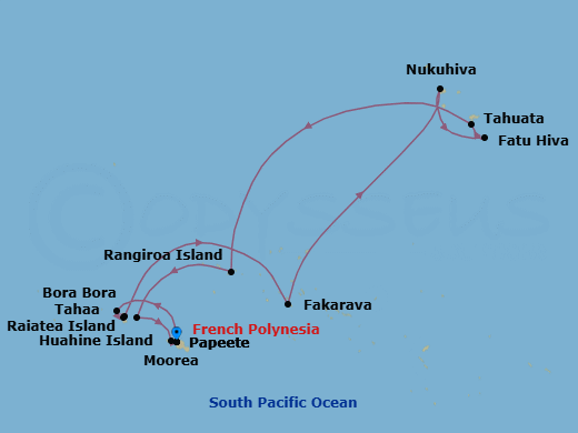 14 Night - Papeete to Papeete - Silver Whisper - Starting in Papeete (Tahiti), Bora Bora (Society Islands), Motu Tahaa, Raiatea, Fakarava, Tuamotu Archipelago, Nuku Hiva, Marquesas Islands, Fatu Hiva, Marquesas Islands, Tahuata, Marquesas Islands, Rangiroa, Huahine, Moorea Island, Papeete (Tahiti) itinerary map