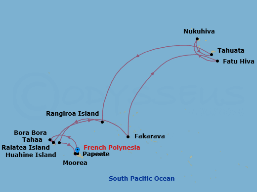 14 Night - Papeete to Papeete - Silver Whisper - Starting in Papeete (Tahiti), Bora Bora (Society Islands), Raiatea, Motu Tahaa, Fakarava, Tuamotu Archipelago, Fatu Hiva, Marquesas Islands, Nuku Hiva, Marquesas Islands, Tahuata, Marquesas Islands, Rangiroa, Huahine, Moorea Island, Papeete (Tahiti) itinerary map