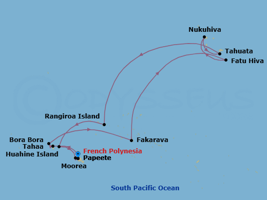 14 Night - Papeete to Papeete - Silver Whisper - Starting in Papeete (Tahiti), Motu Tahaa, Bora Bora (Society Islands), Fakarava, Tuamotu Archipelago, Fatu Hiva, Marquesas Islands, Nuku Hiva, Marquesas Islands, Tahuata, Marquesas Islands, Rangiroa, Huahine, Moorea Island, Papeete (Tahiti) itinerary map