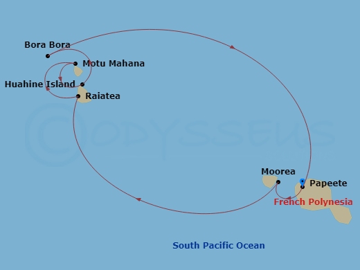 7 Night - Papeete to Papeete - Silver Whisper - Starting in Papeete (Tahiti), Moorea Island, Raiatea, Motu Tahaa, Huahine, Bora Bora (Society Islands), Motu Tapu (Bora Bora), Bora Bora (Society Islands), Papeete (Tahiti) itinerary map