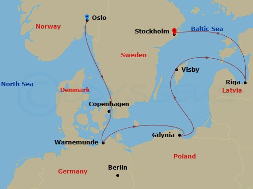 6 Night - Northern Europe - MSC Magnifica - Starting in Oslo, Norway, Copenhagen, Denmark, Warnemunde (Berlin), Germany, Gdynia (Gdansk), Poland, Visby, Sweden, Riga, Latvia, Stockholm, Sweden itinerary map