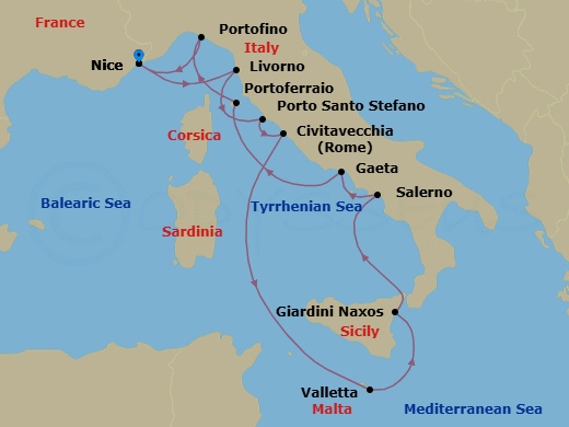 12 Night - Nice to Nice - Silver Shadow - Starting in Nice, Livorno (Tuscany), Porto Santo Stefano, Civitavecchia (Rome), Valletta, Giardini Naxos (Sicily), Salerno, Gaeta, Portoferraio (Elba), Portofino, Nice itinerary map