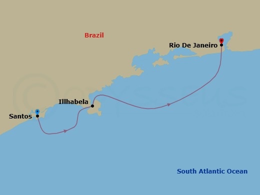 2 Night - South America - MSC Musica - Starting in Santos (Sao Paulo), Brazil, Ilhabela, Brazil, Rio De Janeiro, Brazil itinerary map
