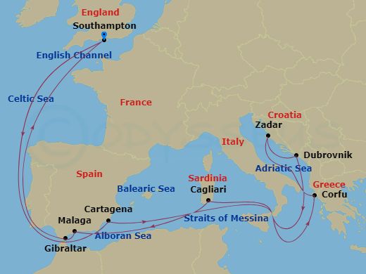 18 Night - Greece, Adriatic and Western Mediterranean - Queen Anne - Starting in Southampton, England, UK, Cartagena ES, Messina Strait, Italy (Transit), Corfu, Greece, Dubrovnik, Croatia, Zadar, Croatia, Messina Strait, Italy (Transit), Cagliari, Sardinia, Italy, Malaga (tours to Granada), Spain, Gibraltar, Southampton, England, UK itinerary map