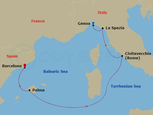 5 Night - Mediterranean - MSC Grandiosa - Starting in Genoa (Portofino), Italy, La Spezia (Cinque Terre), Italy, Civitavecchia (Rome), Italy, Palma De Mallorca (Balearic Islands), Spain, Barcelona, Spain itinerary map