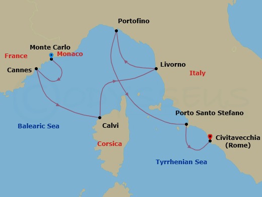 6 Night - Monte Carlo / Rome (Civitavecchia) - Evrima - Starting in Monte Carlo, Cannes, Calvi, Corsica, Livorno, Portofino, Porto Santo Stefano, Rome (Civitavecchia) itinerary map